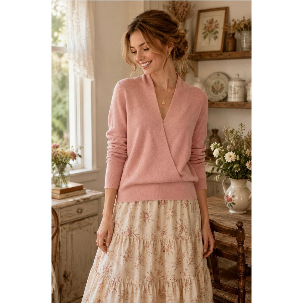 SUNDANCE Eva Cashmere V Neck Surplice‎ Sweater Knit Pullover Light Pink Small